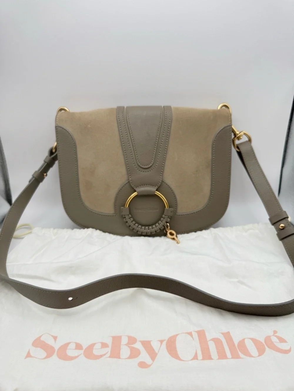 See By Chloé Hana Large Leather Suede Crossbody Bag Motty Grey Gold Hardware